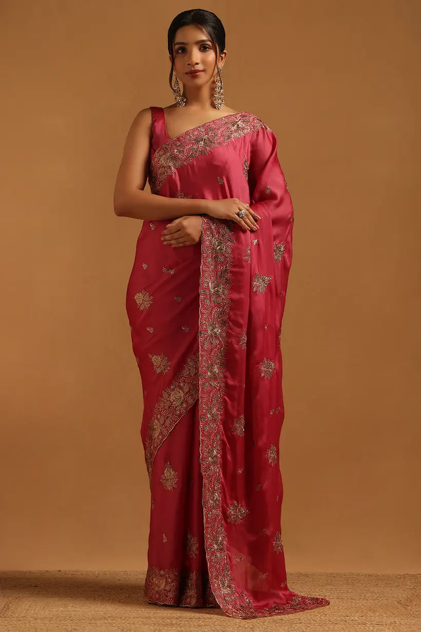 onion pink fendy chiffon floral sarees with zari